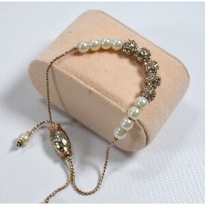 Silver Tone Jeweled Bracelet w/ Faux‎ Pearls &  Clear Rhinestones Adjustable